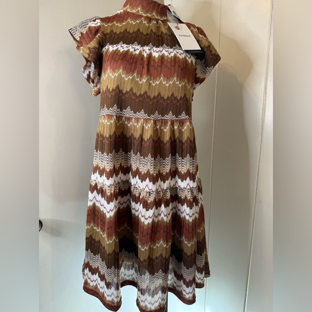En Saison Zigzag Tiered Midi Dress — Brown, Rust & Cream NWT Sz XS